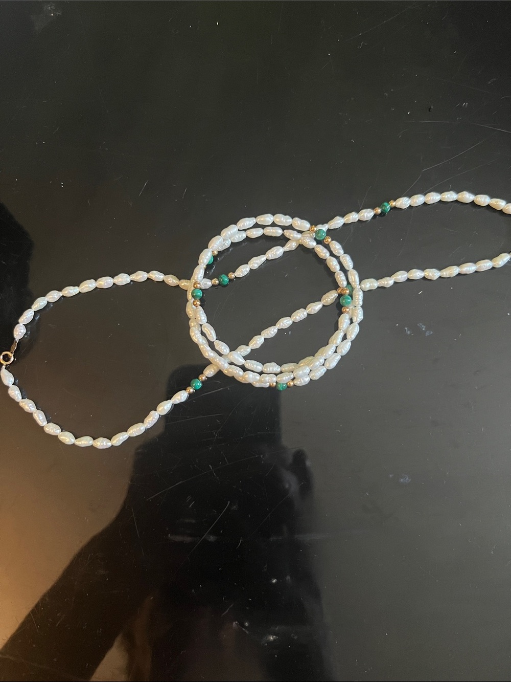 Solid 14k goldFreshwater Pearl and Green Bead Necklace and bracelet